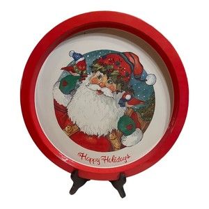 Vintage Christmas Santa Clause Red Birds Happy Holidays Metal Serving Tray￼ READ